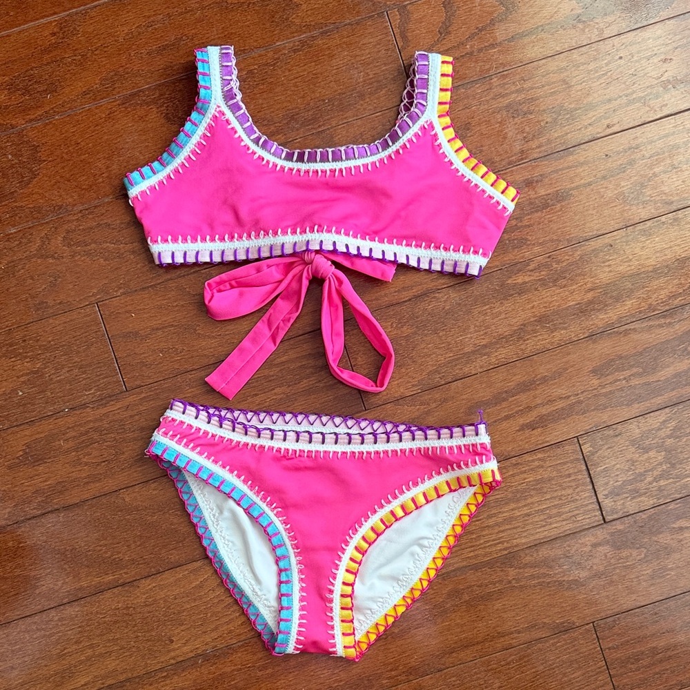 Bright Pink Crochet-Trim Bikini Set